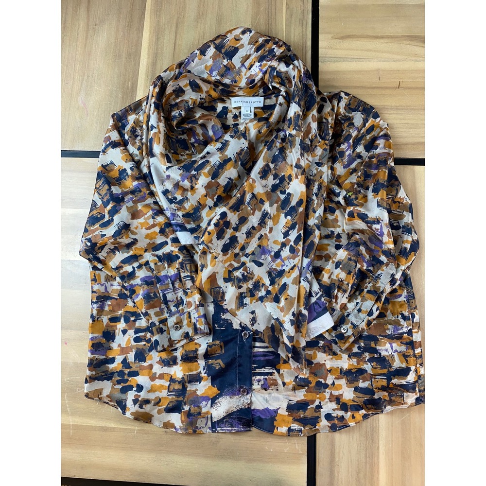 DENNIS MEROTTO Abstract‎ Print Silk Blouse Button Front Collar Top Size 14
